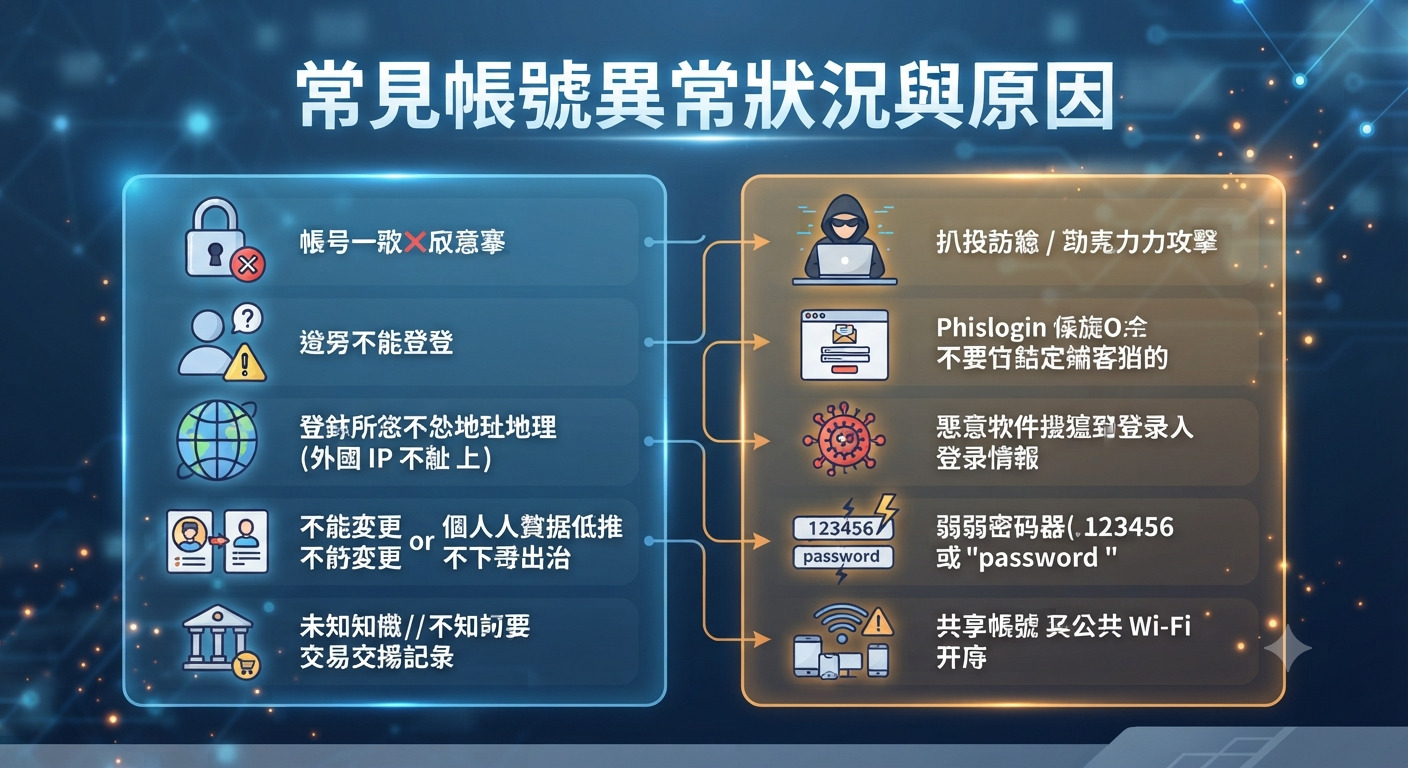 這是一張關於「常見帳號異常狀況與原因」的科技風格圖表。 畫面頂部醒目地顯示著主標題,下方則以雙欄結構並搭配圖示與連線,詳細列出帳號異常的各種情境與資安風險。